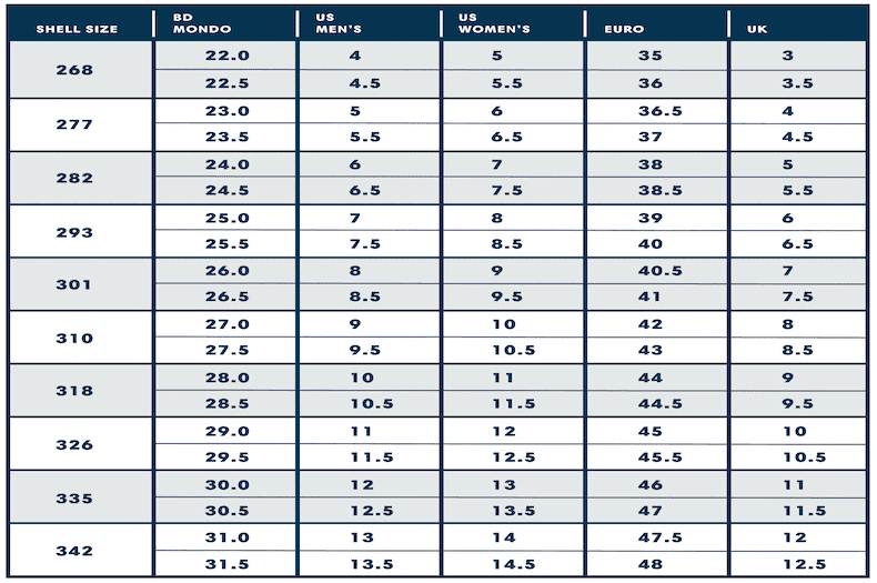 Head Ski Boot Size Chart